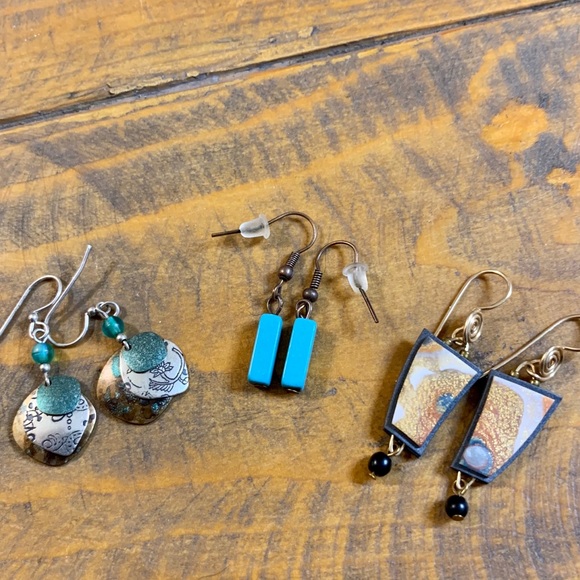 Trio of Boho Teal Blue Green Dangle Earrings - Picture 2 of 11